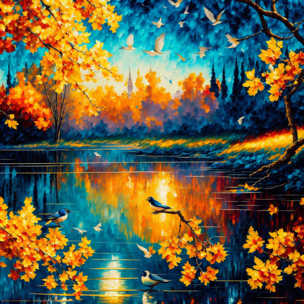 Colorful autumn landscape with reflecting trees and birds.