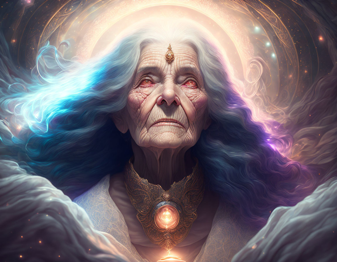 Elderly woman with white-blue hair, ornate headpiece, glowing amulet, and cosmic