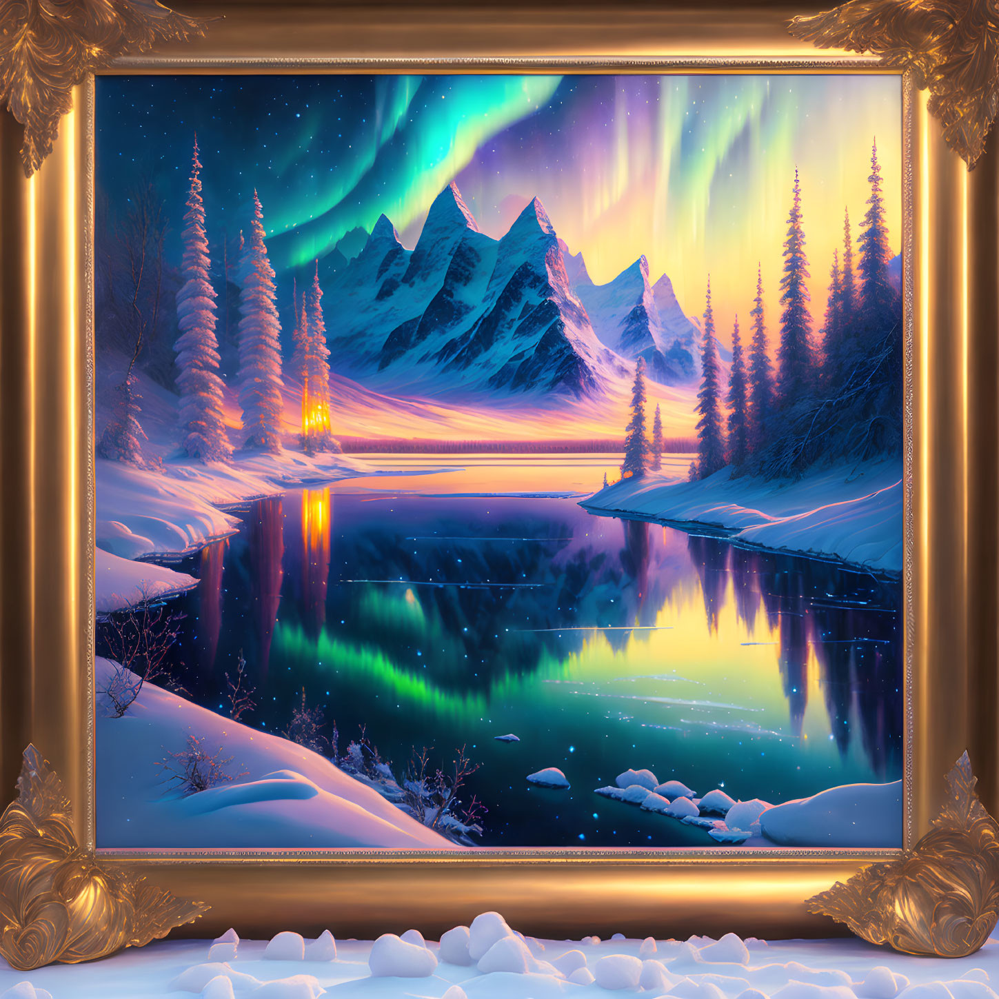 Framed Digital Artwork: Vibrant Aurora Over Snowy Mountain Landscape