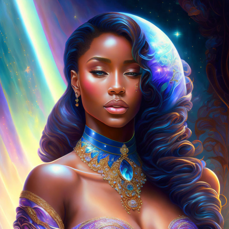 Illustrated portrait of woman with glowing skin and cosmic hair in blue and gold jewelry