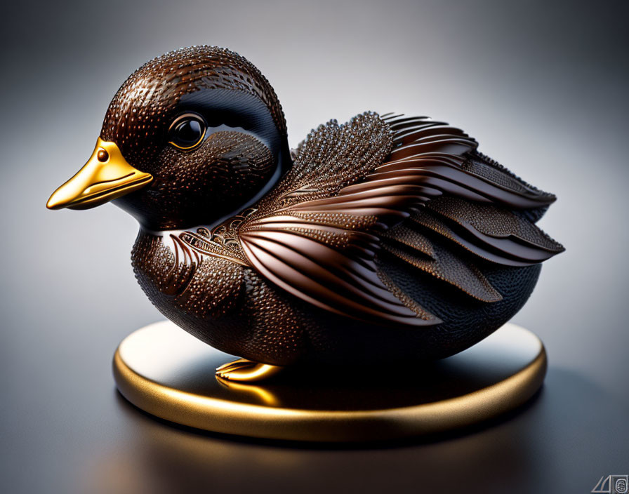 Shiny metallic duck sculpture with intricate feather textures