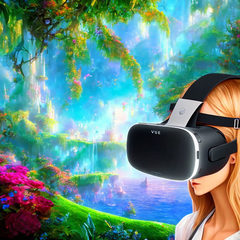 Woman in VR headset immersed in vibrant fantastical landscape