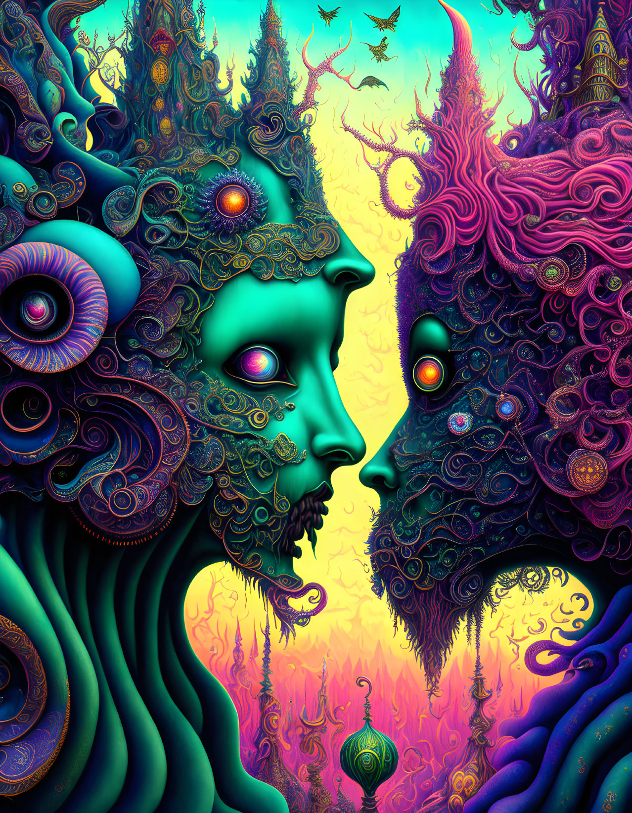 Colorful profile faces with intricate designs on alien landscape