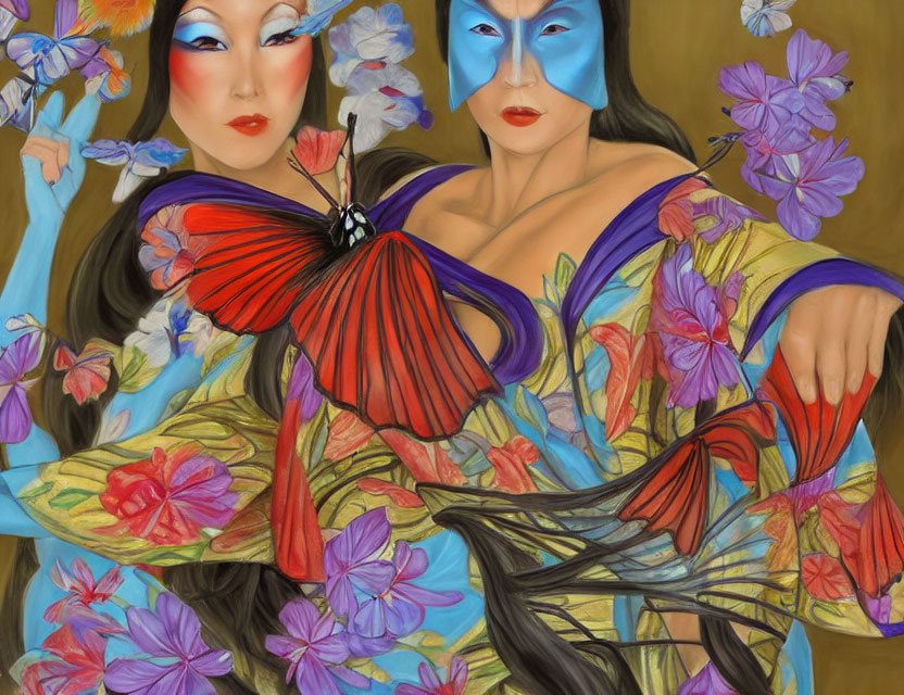 Vibrant artwork featuring two women in floral dresses with red and blue masks, surrounded by flowers