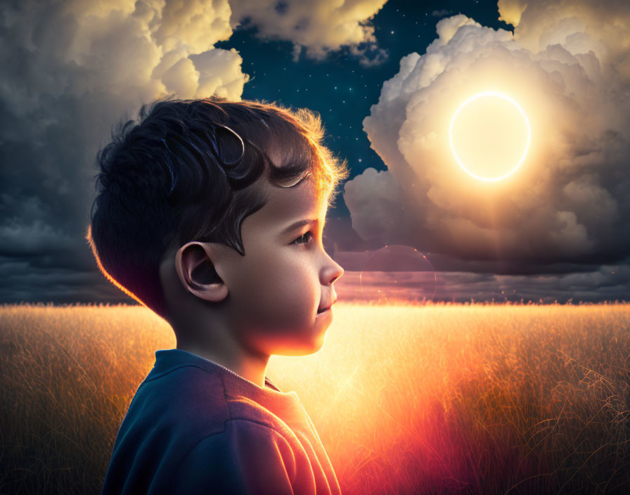 Young boy gazes at dramatic eclipse in profile amid cloudy sky