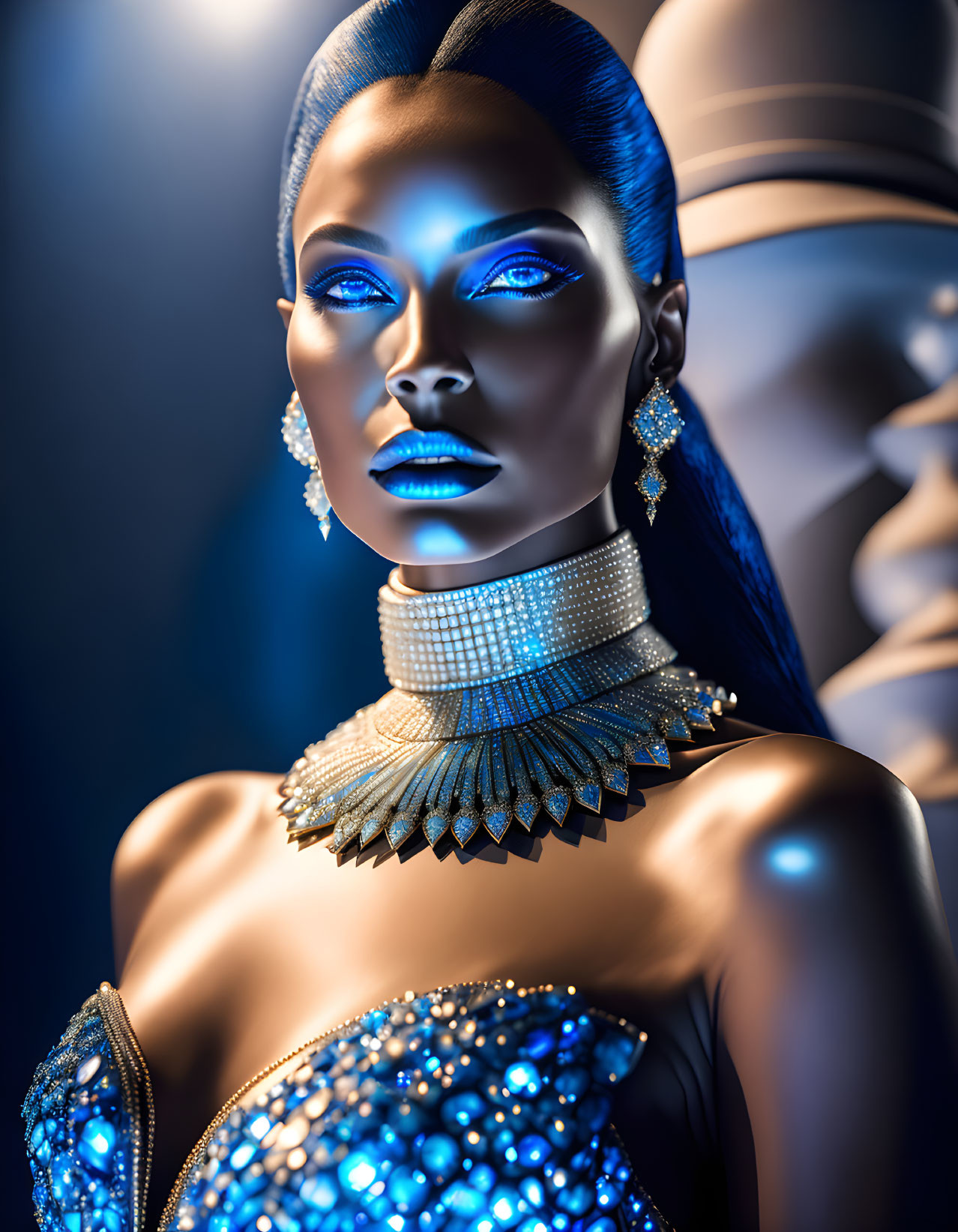 Woman with Blue Lighting, Detailed Makeup, and Glamorous Jewelry