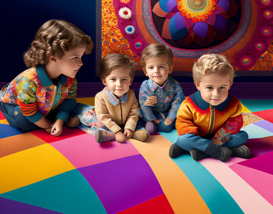 Four Children in Colorful Outfits on Multicolored Checkered Floor