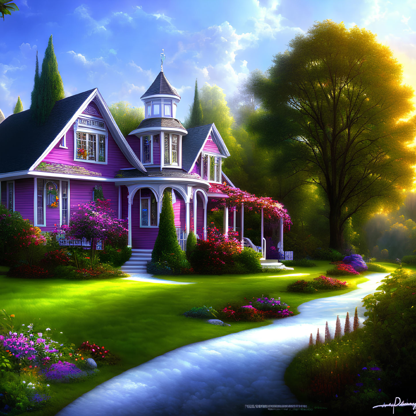 Purple Victorian House with Lush Gardens and Cobblestone Pathway