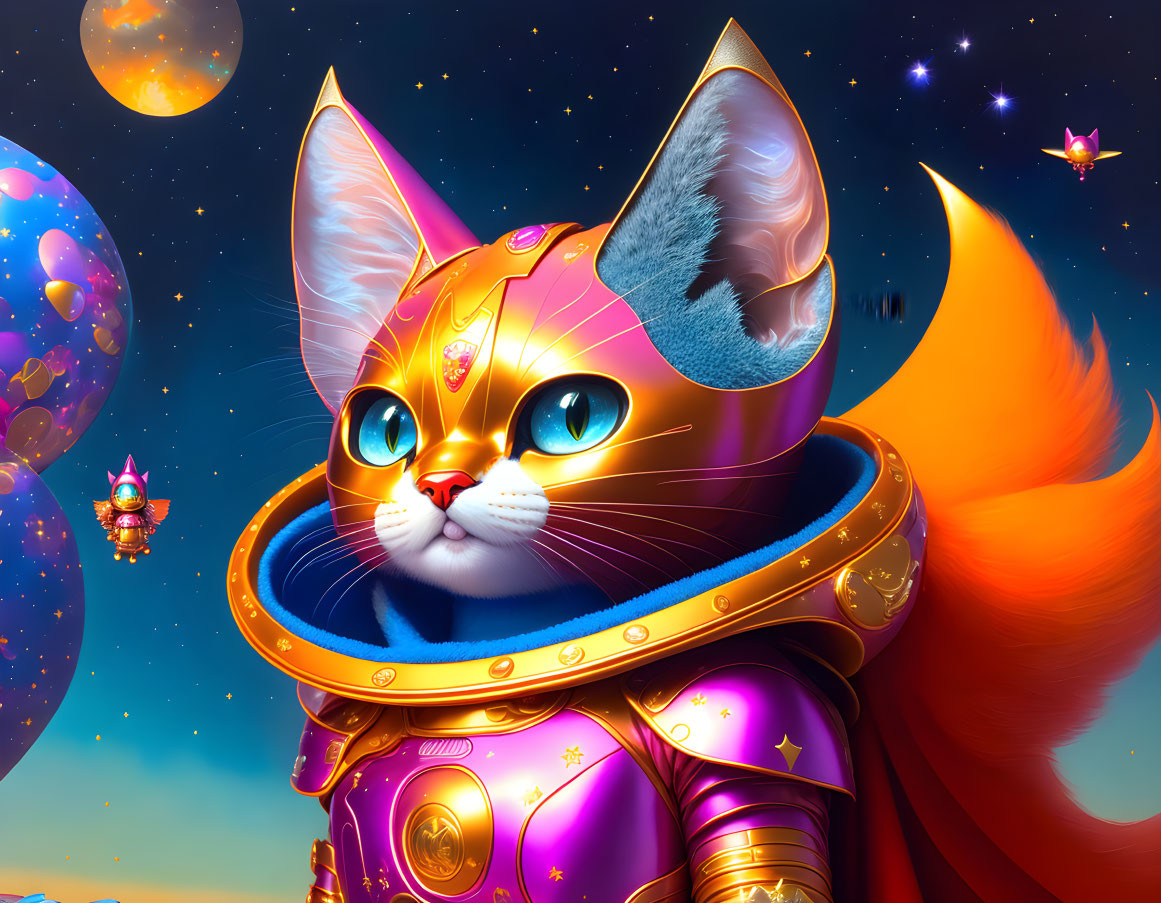 Illustrated Space Cat in Vibrant Astronaut Suit with Cosmic Background