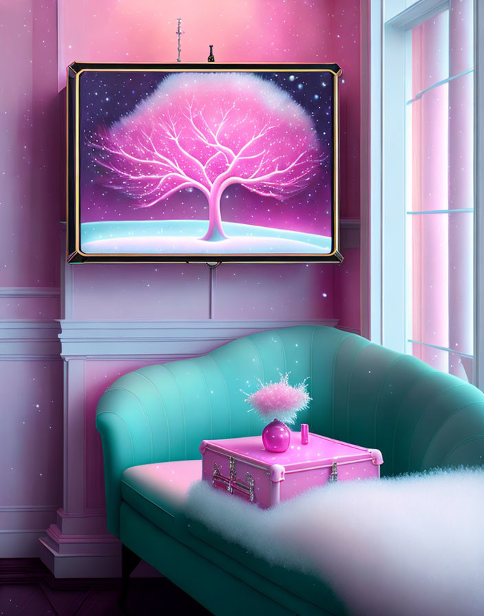 Cosmic tree digital painting with pink hues above mint sofa