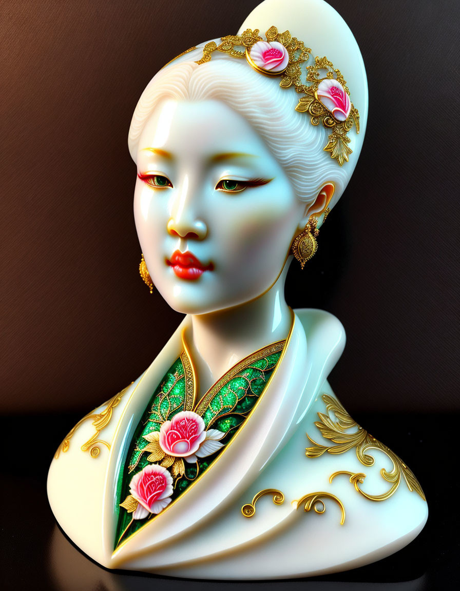 Traditional Asian woman porcelain bust with gold jewelry and floral-patterned white garment on dark backdrop