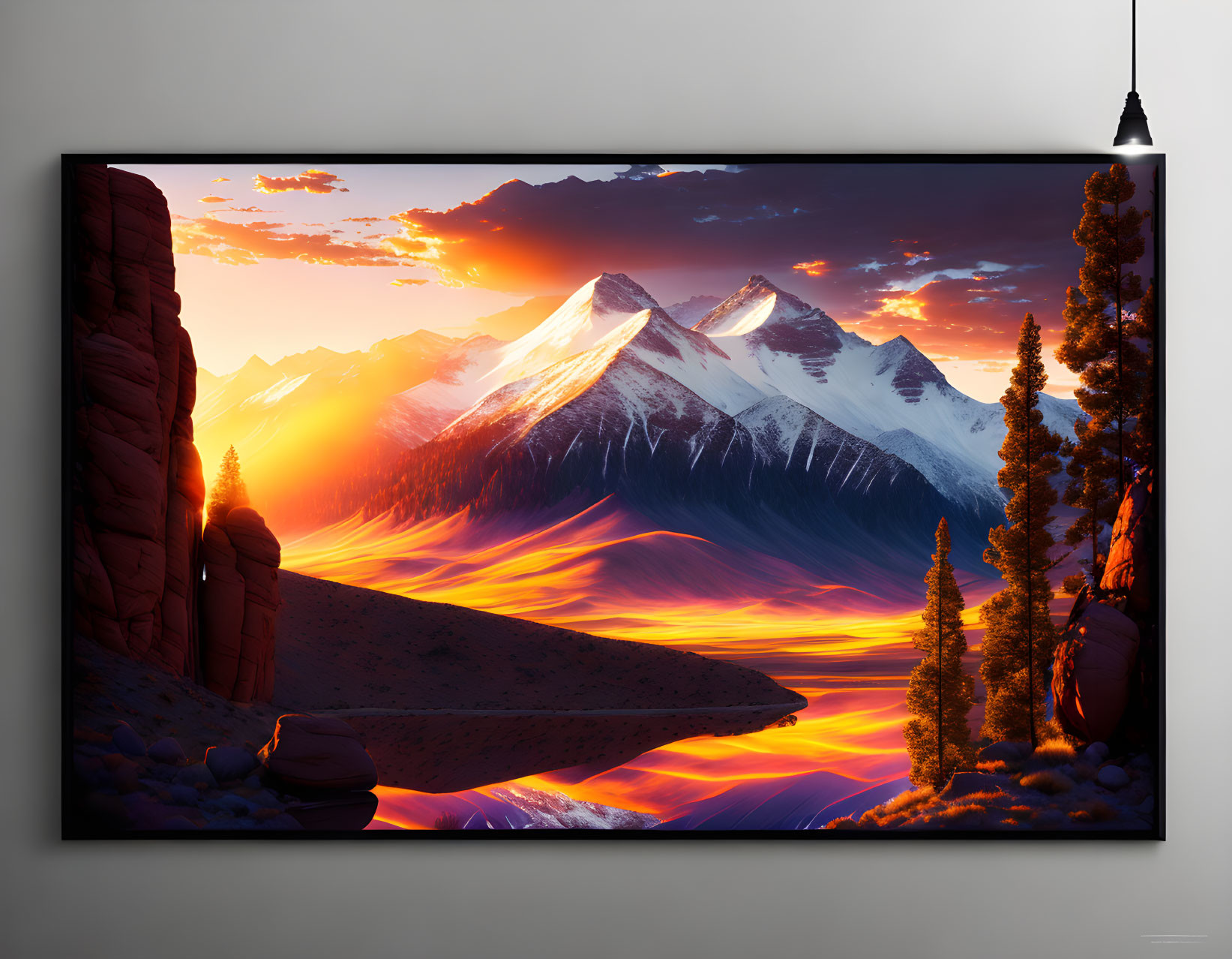 Digital artwork of vibrant sunset over snow-capped mountains & pine tree silhouettes