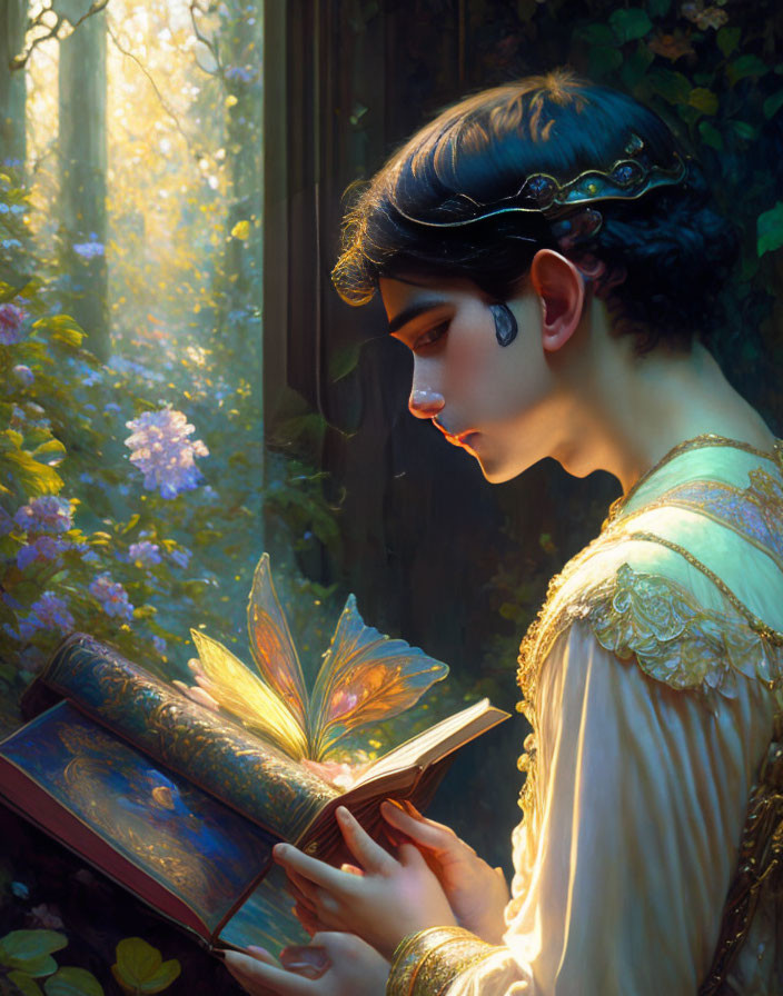 Historical woman reading glowing magical book by sunlit forest window