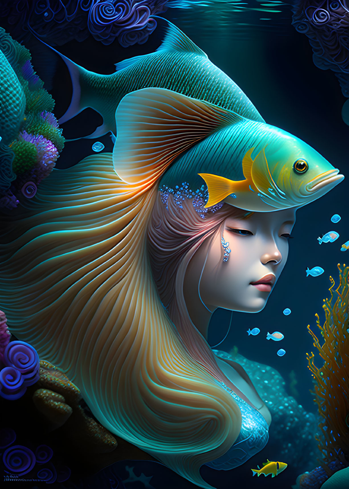 Surreal portrait of woman with flowing hair merged with tropical fish in vibrant underwater scene