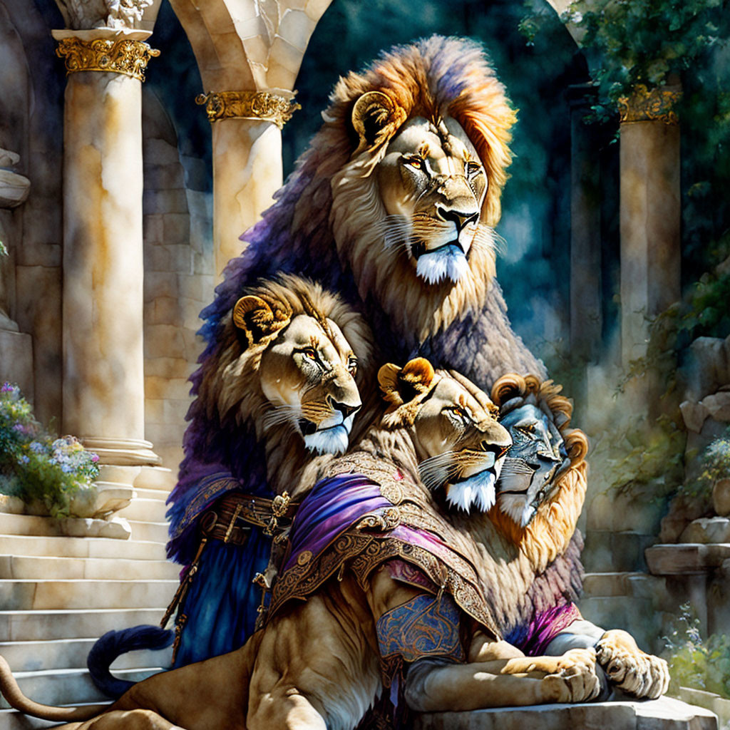 Anthropomorphic lions in regal attire amidst ancient ruins