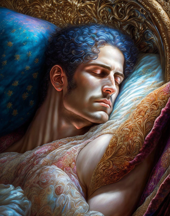 Detailed painting of reclining man on opulent cushions with starry cloak