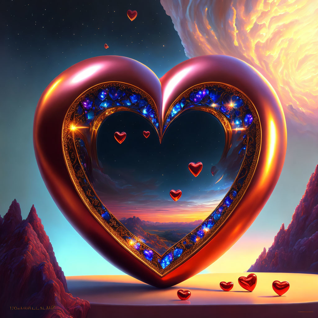 Heart-shaped frame with cosmic textures and floating hearts on surreal landscape