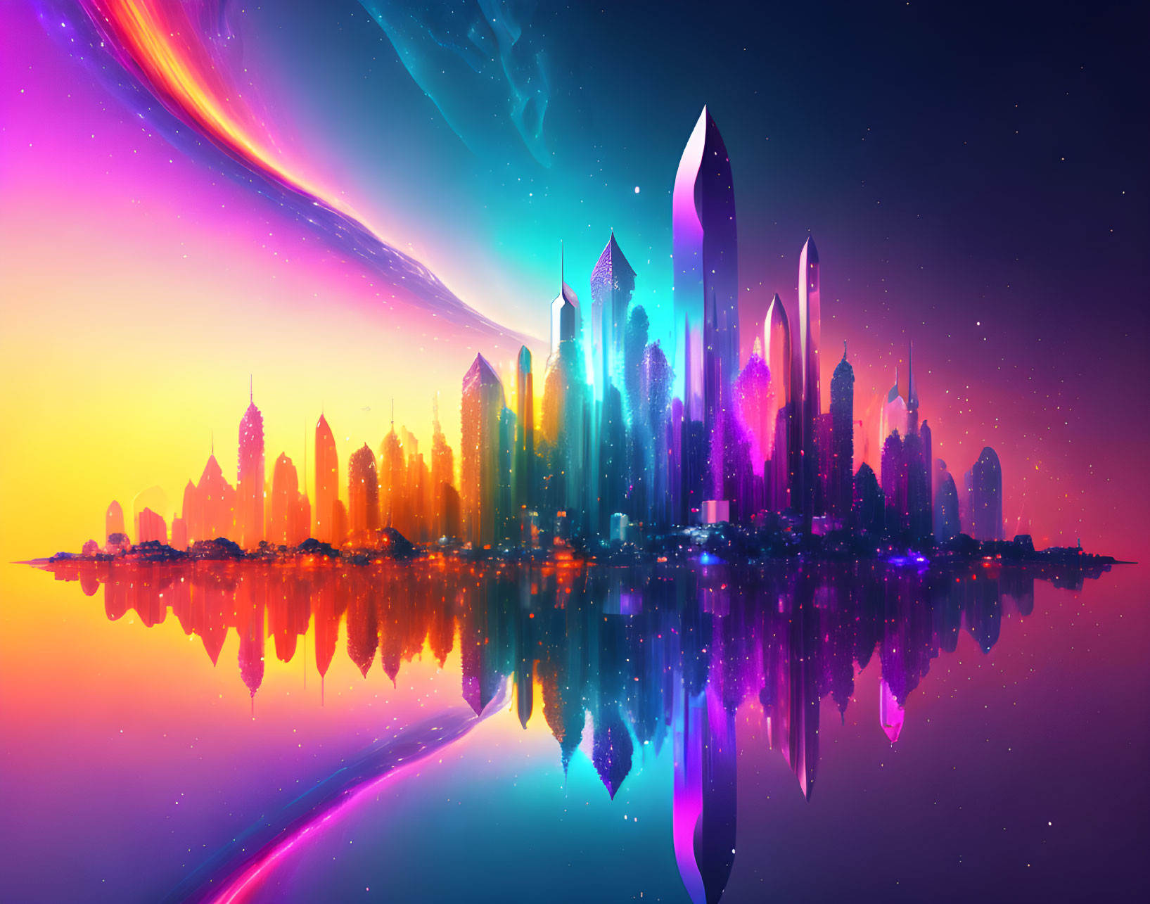 Futuristic city skyline with neon colors reflected on calm water under starry sky.