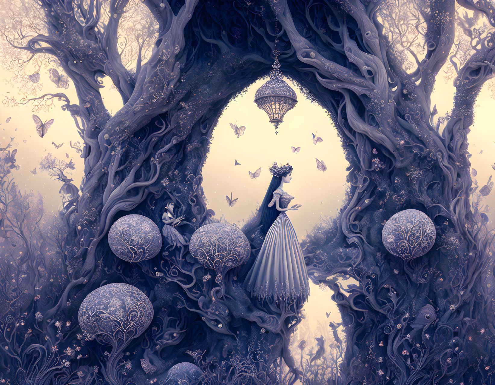 Illustration of woman in dress with spheres, butterflies, archway, mystical trees