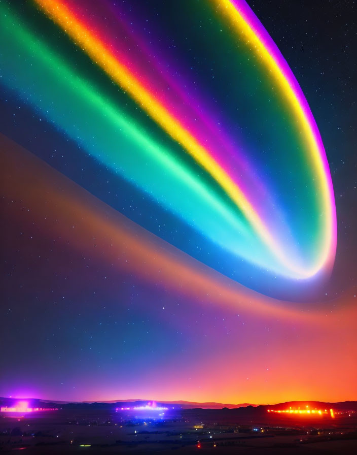 Colorful Aurora Borealis Over City Lights in Night Sky