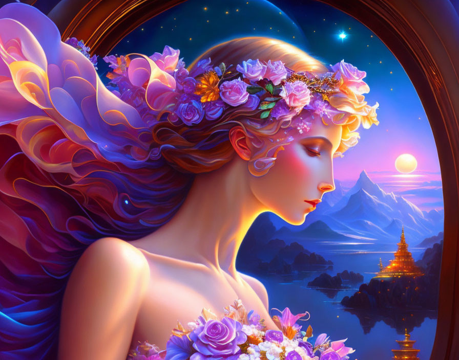 Woman with floral crown in starry sky, snowy mountains, serene lake, glowing castle