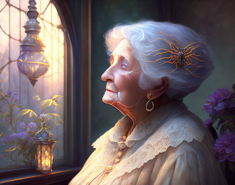 Elderly woman with white hair and golden spider by window, lamp, and purple flowers