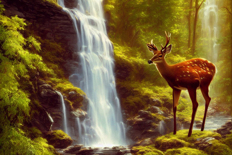 Tranquil forest landscape with waterfall and deer