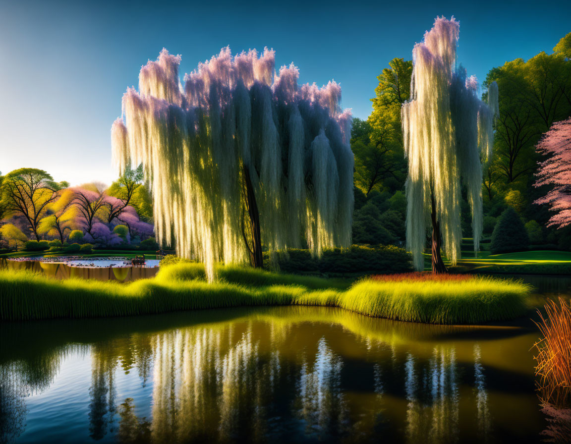 Tranquil park scene with willow trees, pond, and colorful flowering trees