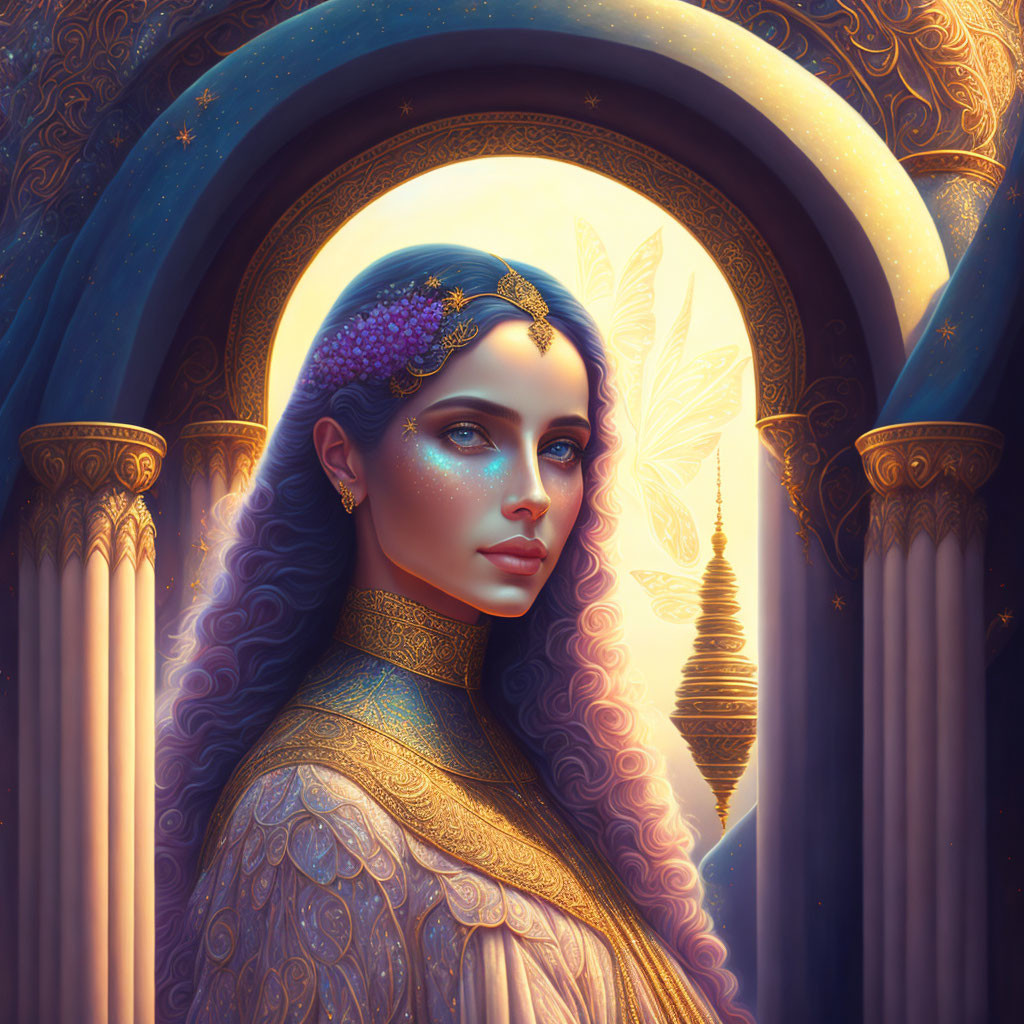 Blue-skinned woman in golden attire at arched gateway with celestial backdrop