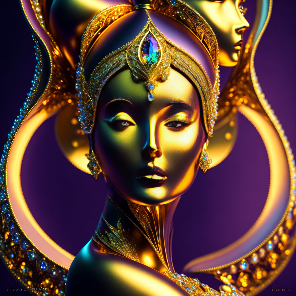 Digital artwork: Woman with golden skin in ornate headdress and jewelry on purple background