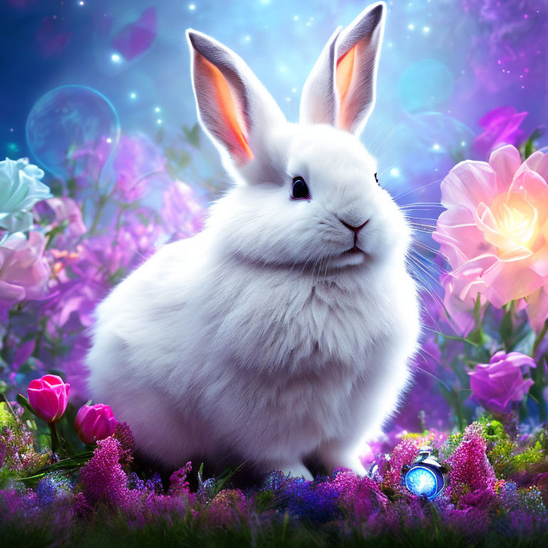 Fluffy White Rabbit in Vibrant Flower Garden with Purple Sky