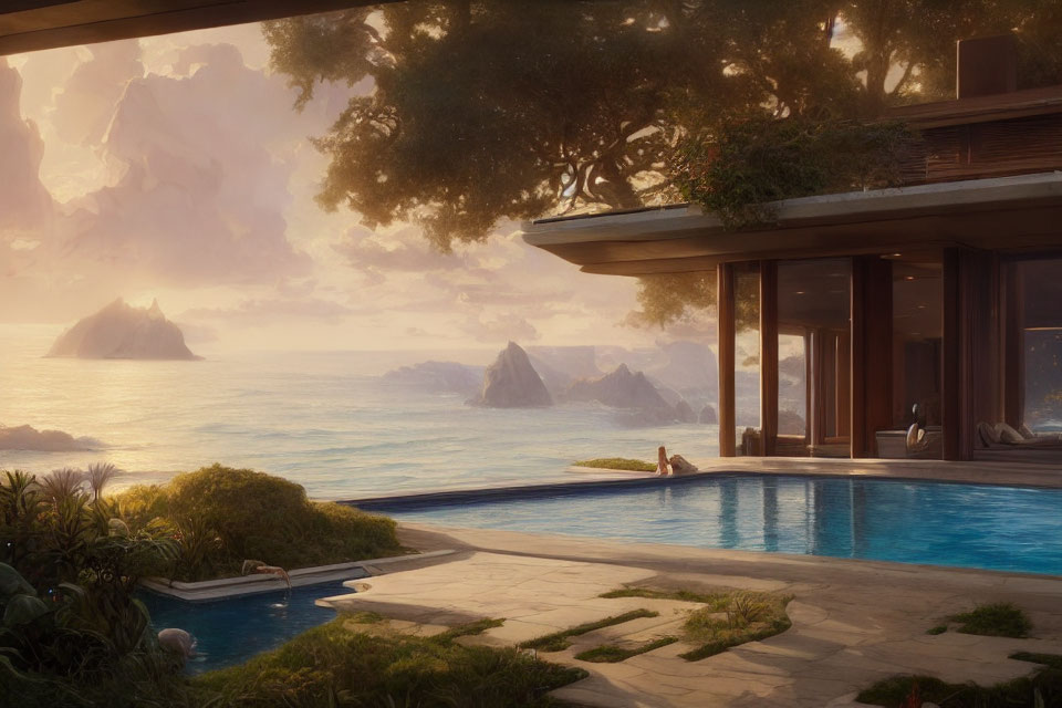 Luxurious wooden house poolside view overlooking sea with rocky islands and person relaxing at sunset