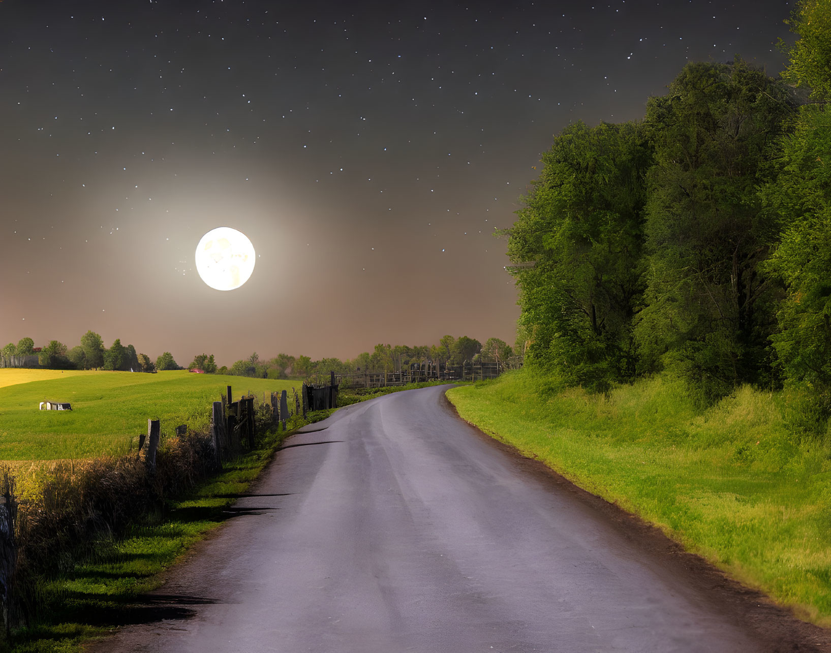 Full Moon Night Scene: Countryside Road, Grazing Animals, Forest, Starry Sky