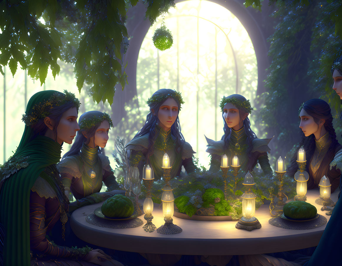 Enchanting forest scene with elven characters around candle-lit table