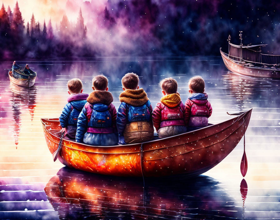 Children in canoe admire misty lakescape with colorful skies