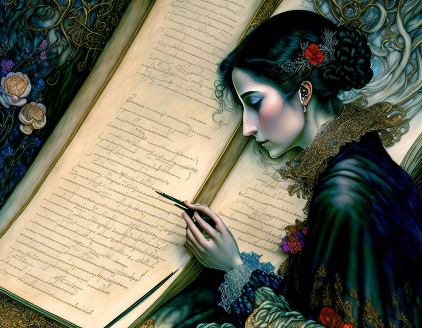 Illustrated woman with dark hair reading ornate antique book