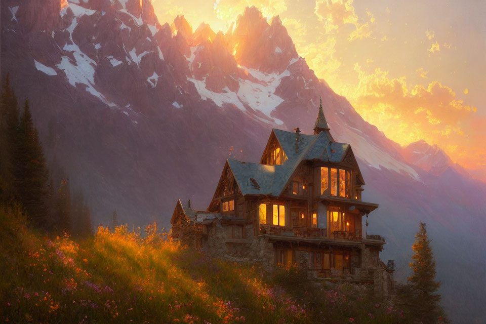 Mountain chalet at sunset with alpenglow and wildflowers