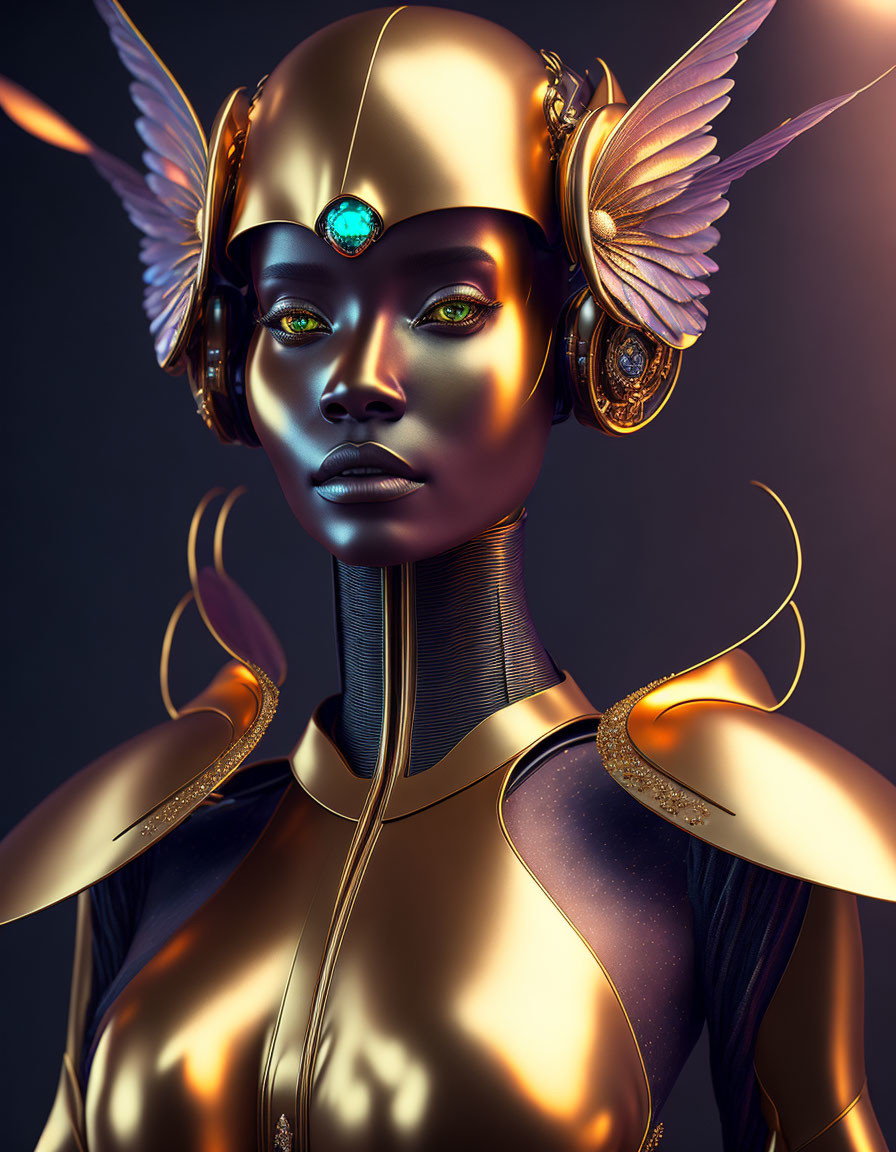 Golden metallic skin woman with ornate headgear and blue gemstone