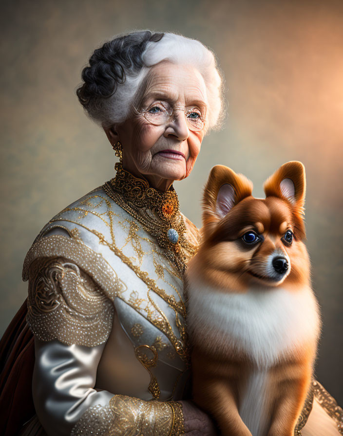 Elderly woman in gold gown holding Pomeranian against soft background