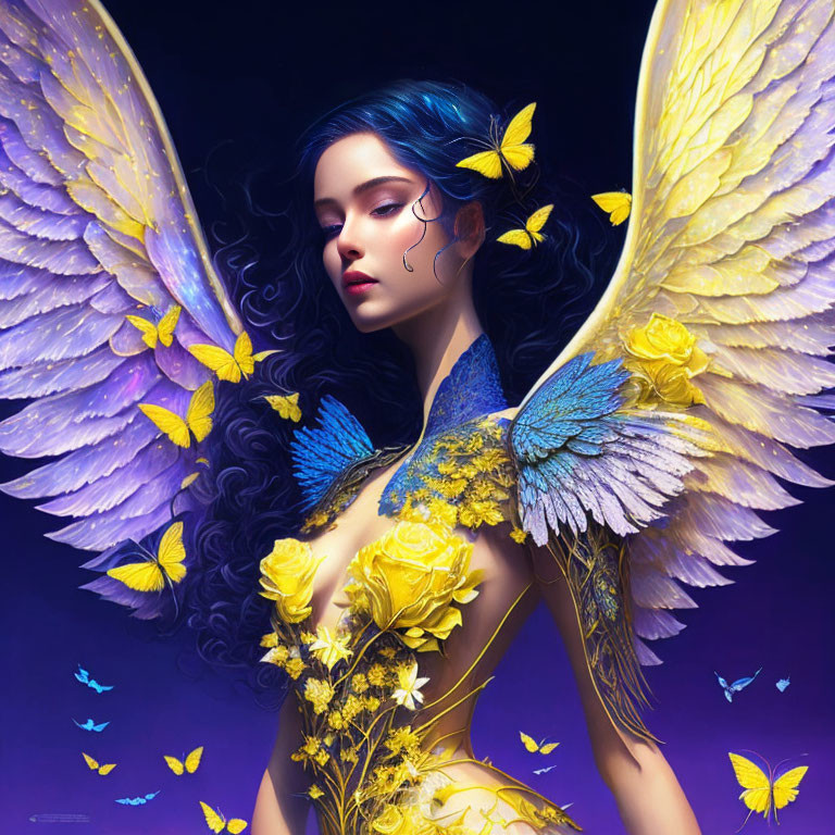 Fantastical woman with bird wings, blue hair, butterflies, roses on purple background