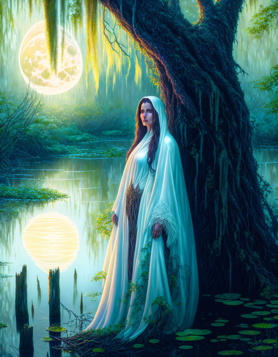 Mystical woman in light blue cloak near willow tree and serene pond under full moon