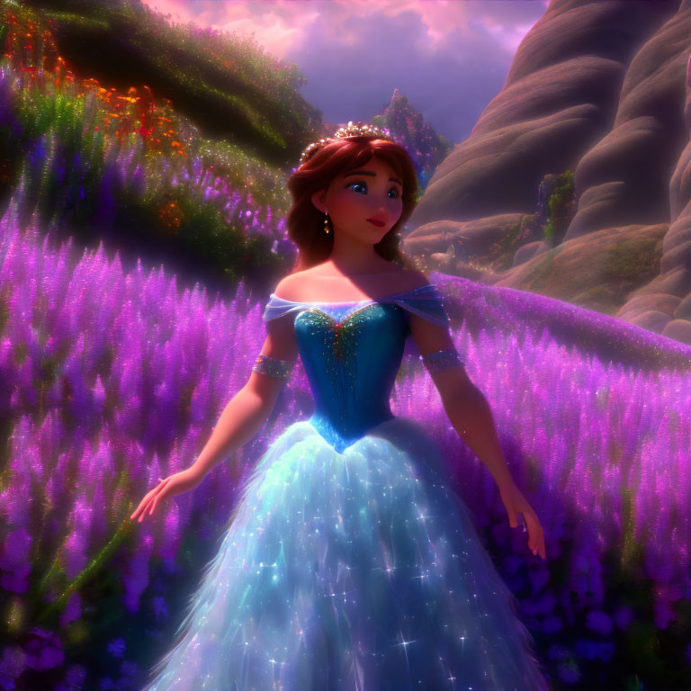 3D animated princess in magical flower field with tiara