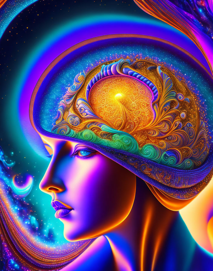 Colorful digital art: Woman profile with cosmic headdress