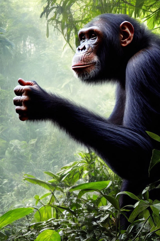 Contemplative chimpanzee with closed hand in forest background