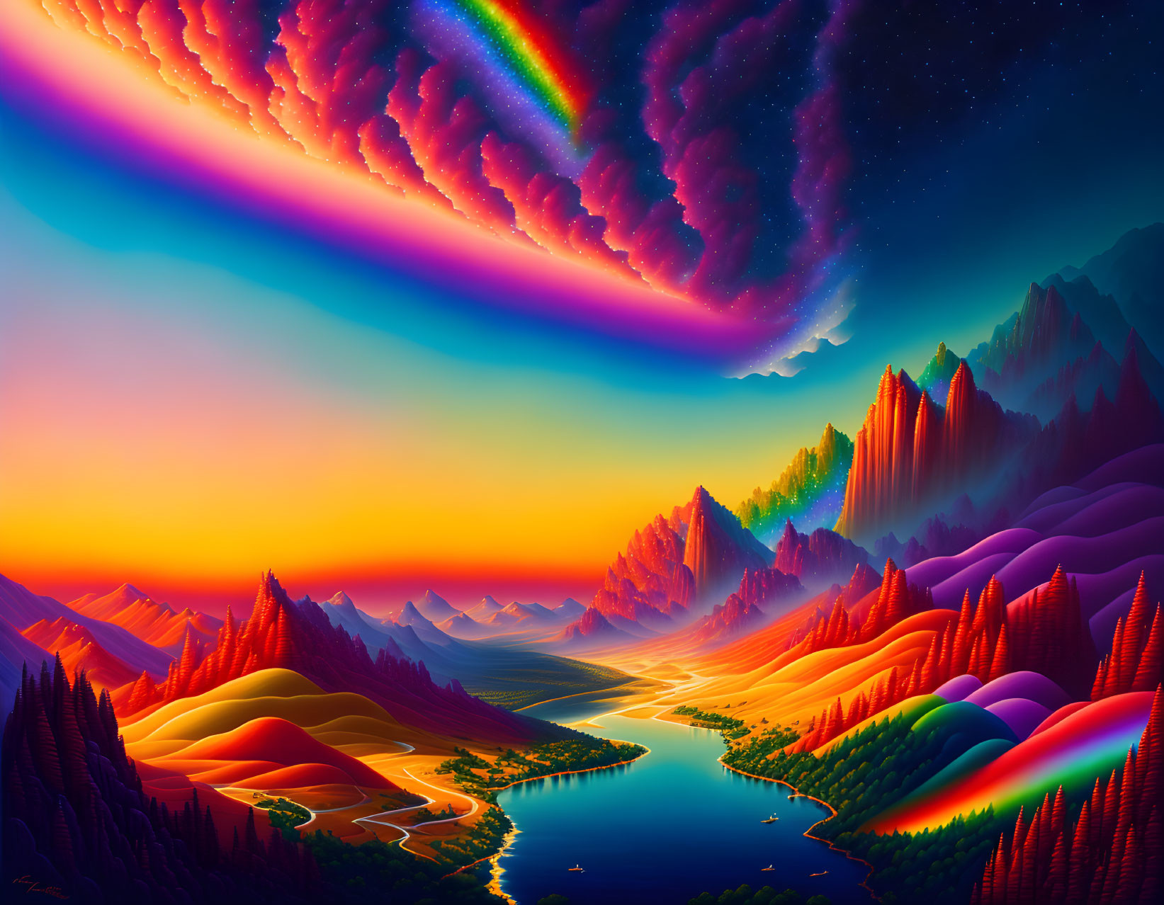 Colorful auroras above serene river and mountains: surreal digital landscape.