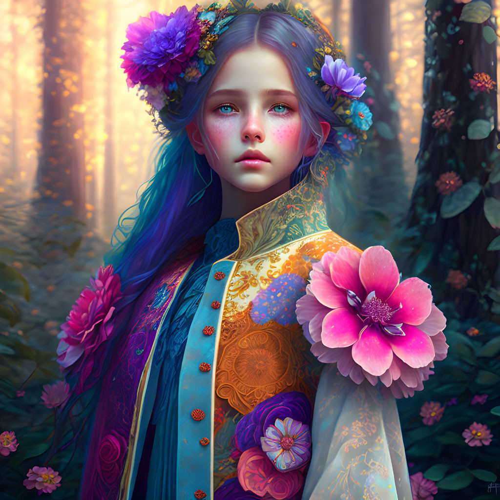 Vibrant digital artwork of young girl with floral adornments in enchanted forest