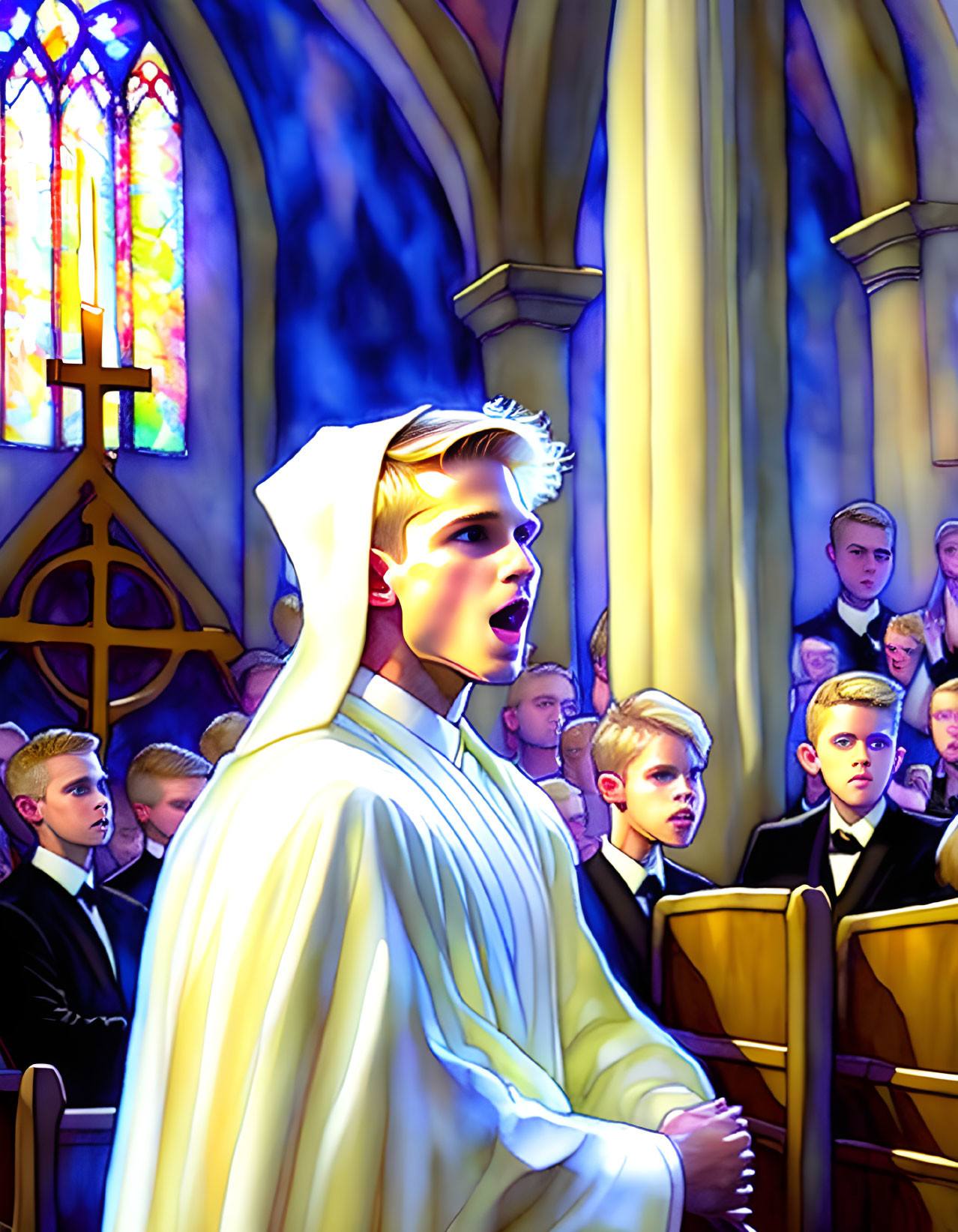 Choir boy singing in church with stained glass windows