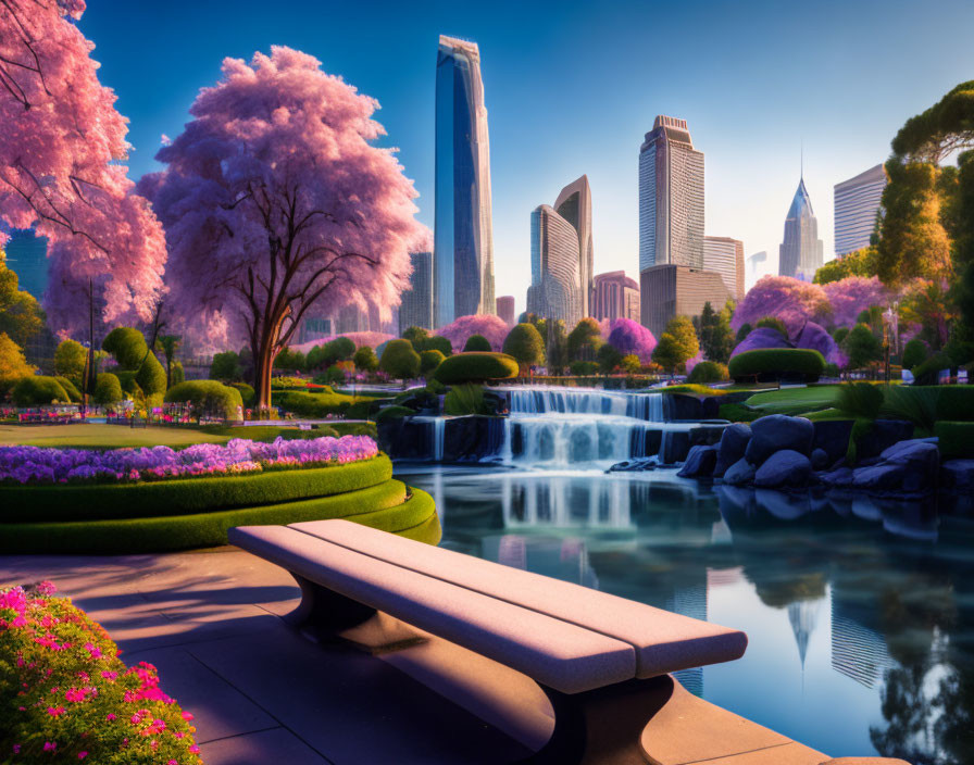 Tranquil urban park with cherry blossoms, waterfall, pond, bench, and skyscrapers