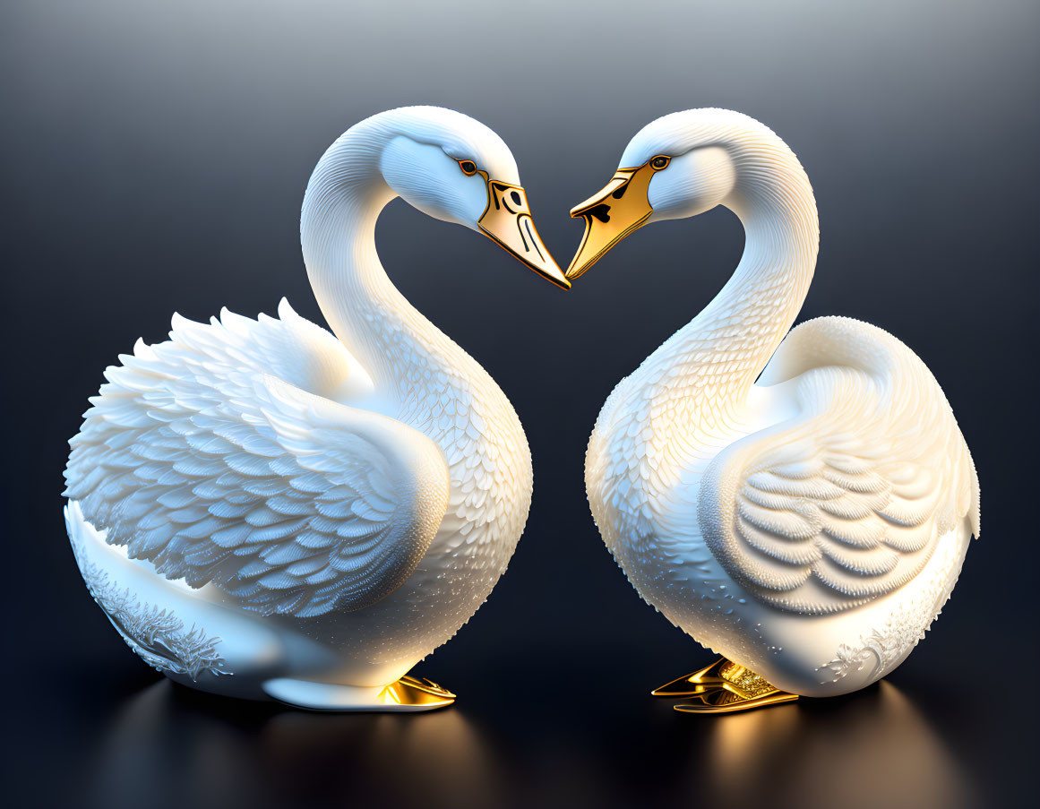 Swans with intricate feather details forming heart shape