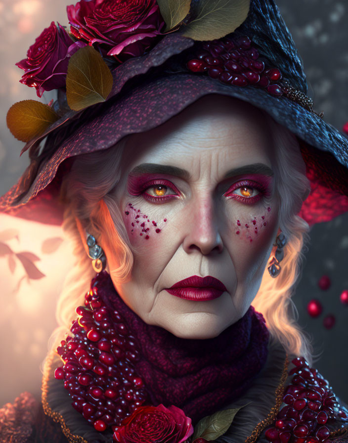 Elder Woman with Red Makeup and Berries in Witch-Like Attire